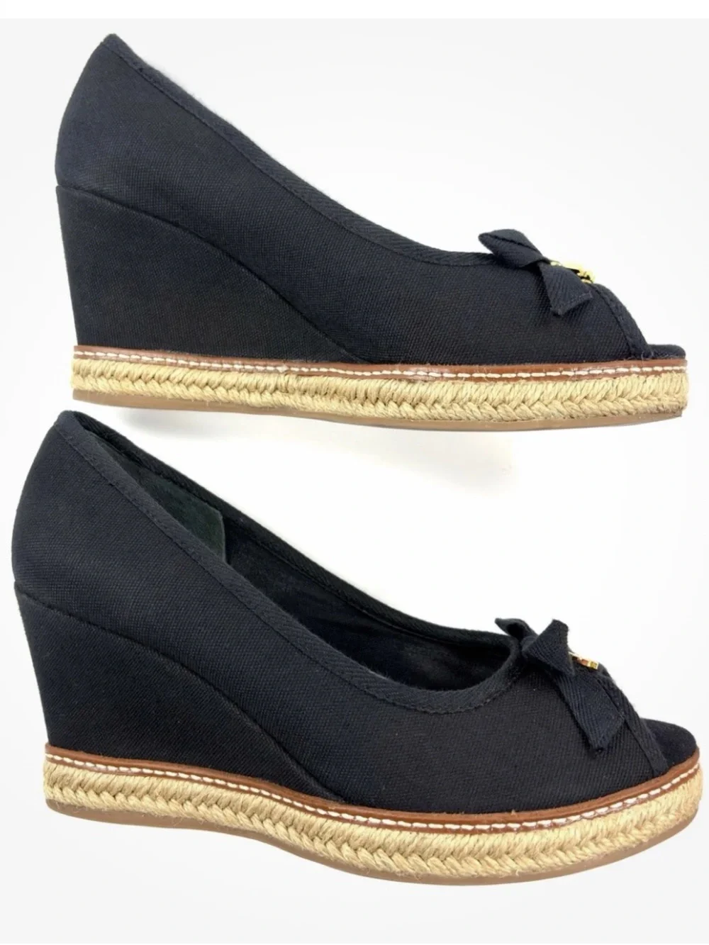 Tory Burch Jackie Espadrille Wedge Pumps Black Canvas Peep Toe Bow Size 8